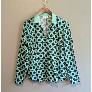 New York & Co Womens Large Green Blue Retro Mod Geometric Circle Blouse Shirt LS
